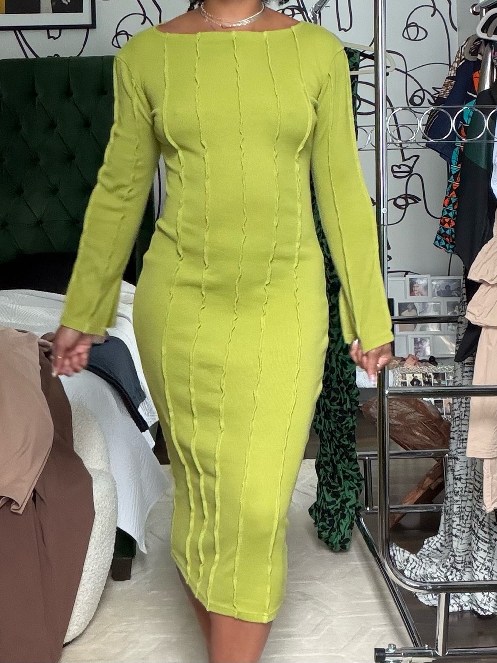 Nasty Gal Lime Green Ribbed Knit Midi Dress